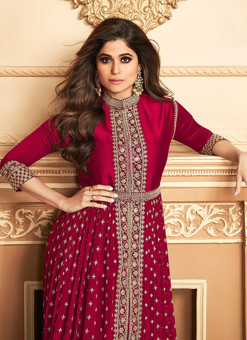 Shamita Shetty Pinkish Red Front Slit Georgette Anarkali Suit - Image 2