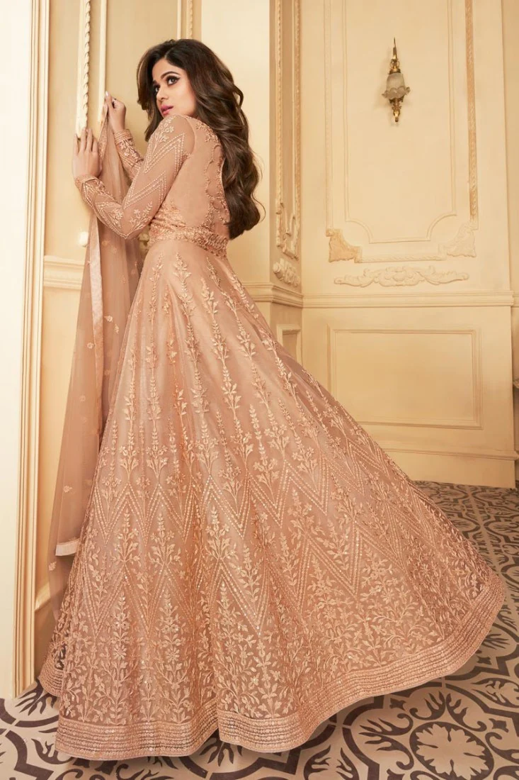 Shamita Shetty Peach Color Net Embroidered Anarkali Suit - Image 2