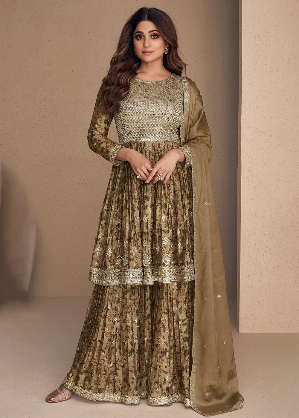 Shamita Shetty Beige Gold Chinon Silk Digital Printed Sharara Suit