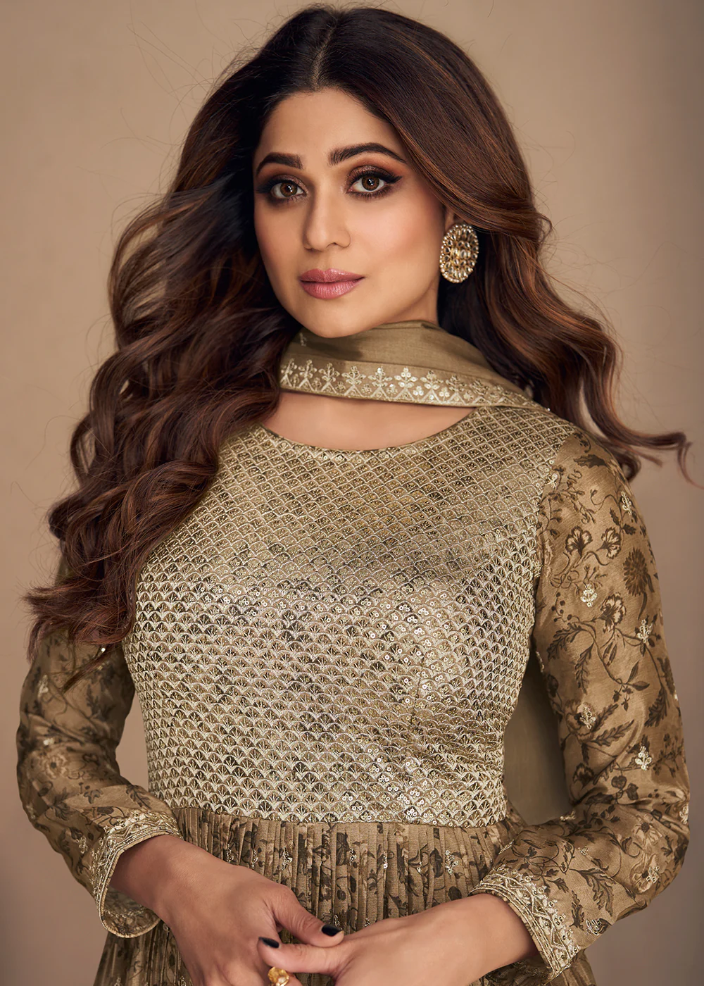 Shamita Shetty Beige Gold Chinon Silk Digital Printed Sharara Suit - Image 4