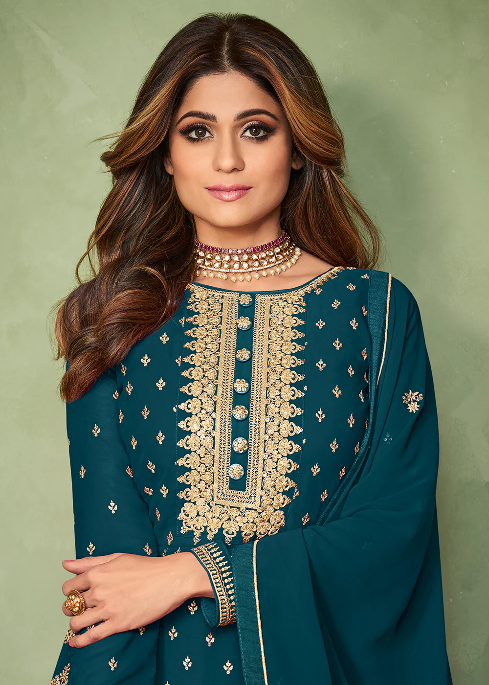 Shamita Shetty Blue Long Floor Length Anarkali Suit - Image 2
