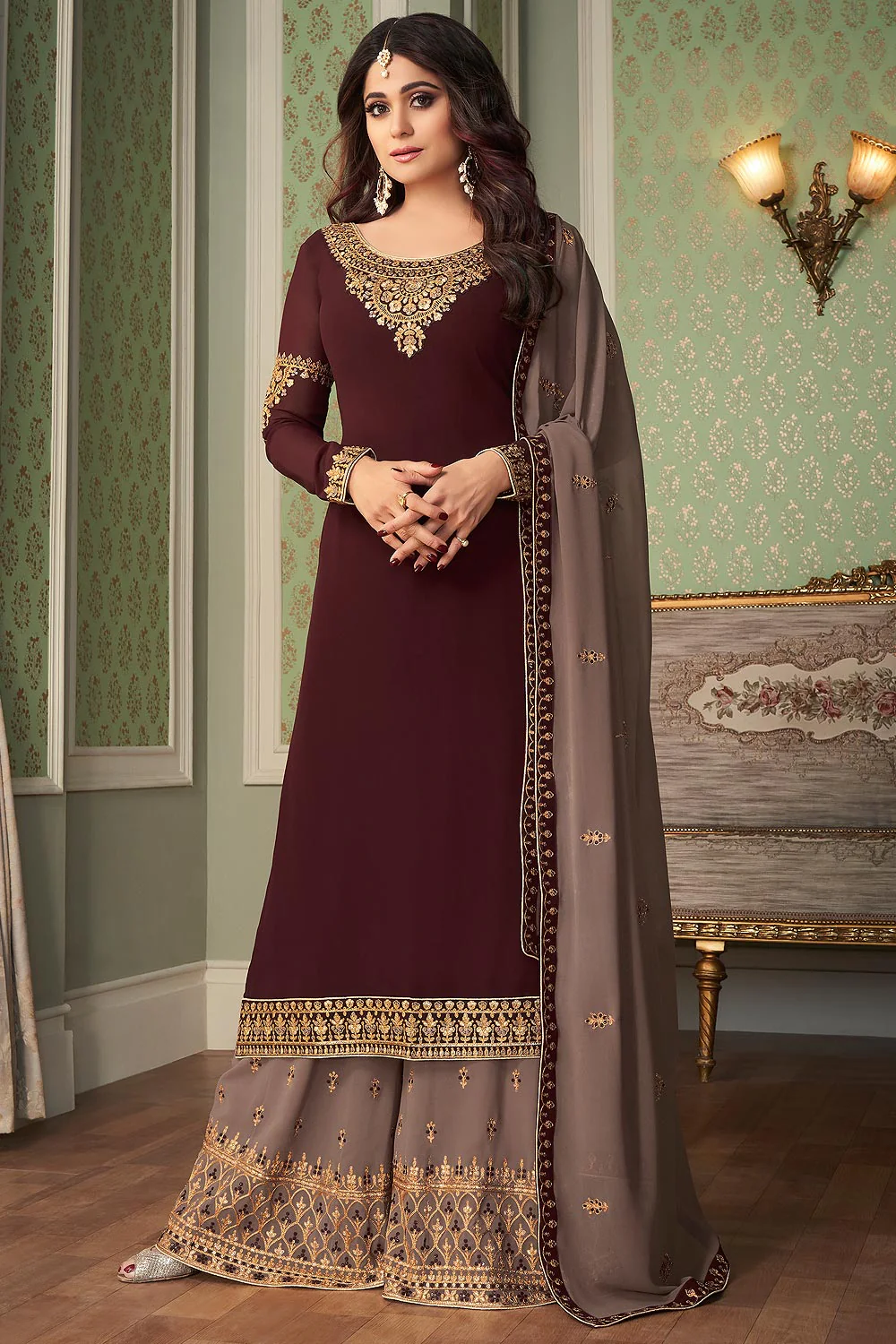 Shamita Shetty Chocolate Brown Georgette Palazzo Suit - Image 4