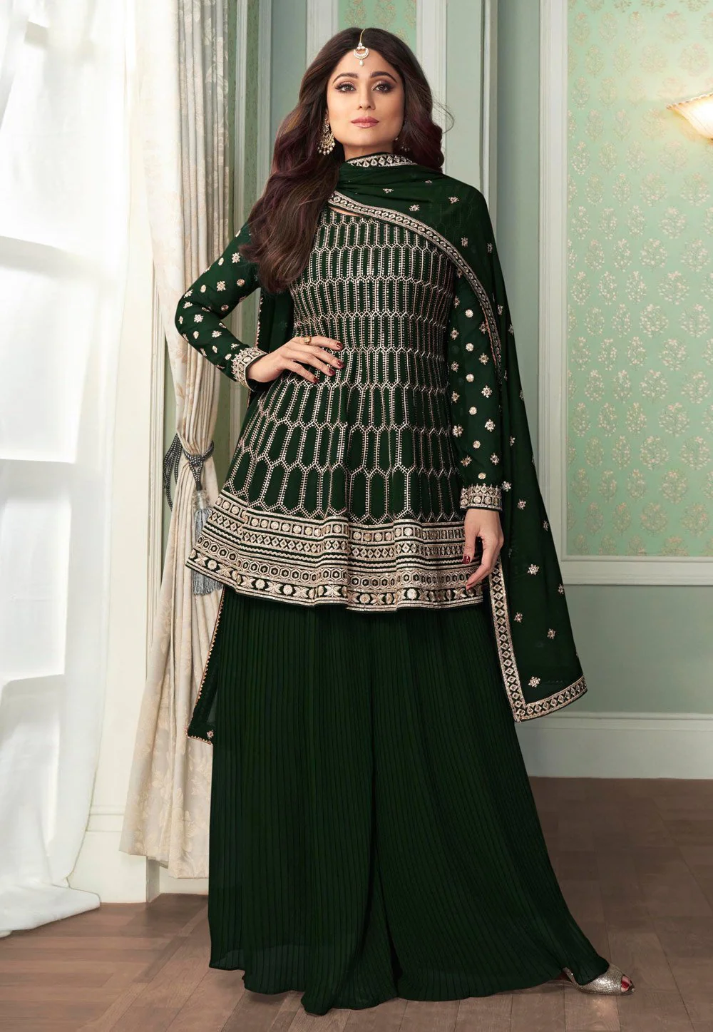 Shamita Shetty Dark Green Peplon Style Embroidered Palazzo Suit
