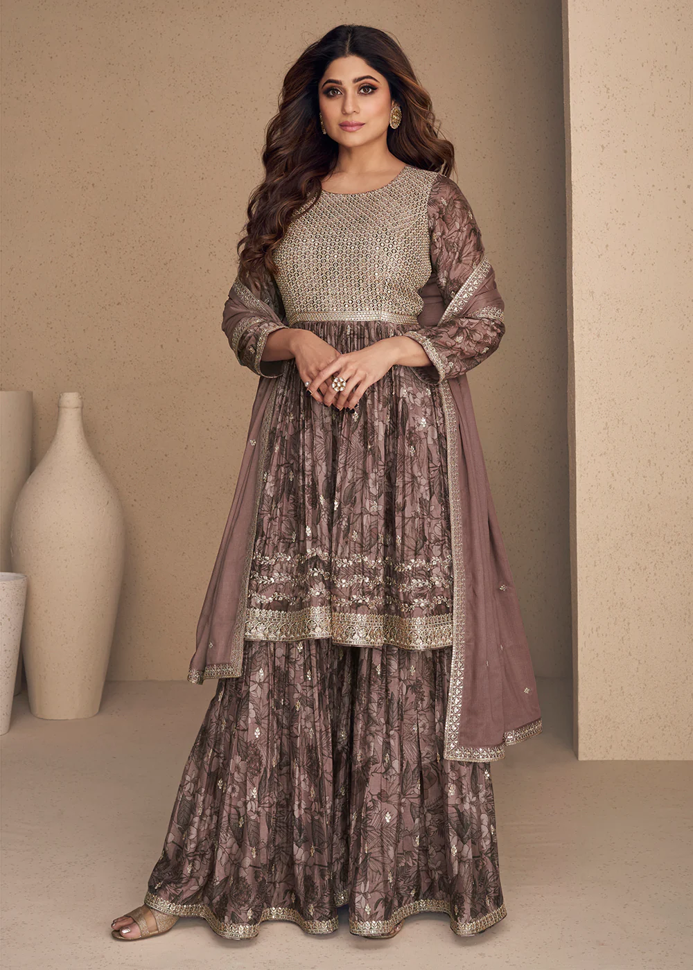 Shamita Shetty Dusty Mauve Chinon Silk Digital Printed Sharara Suit