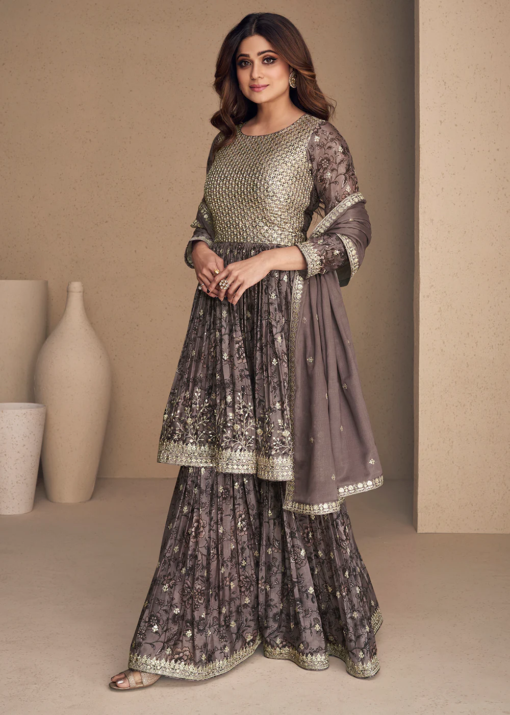 Shamita Shetty Dusty Purple Chinon Silk Digital Printed Sharara Suit - Image 3