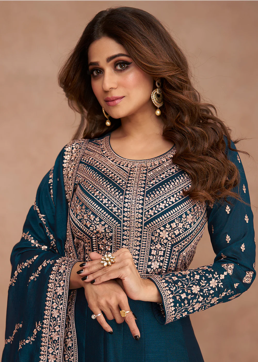 Shamita Shetty Festive Blazing Teal Blue Silk Anarkali Suit - Image 2