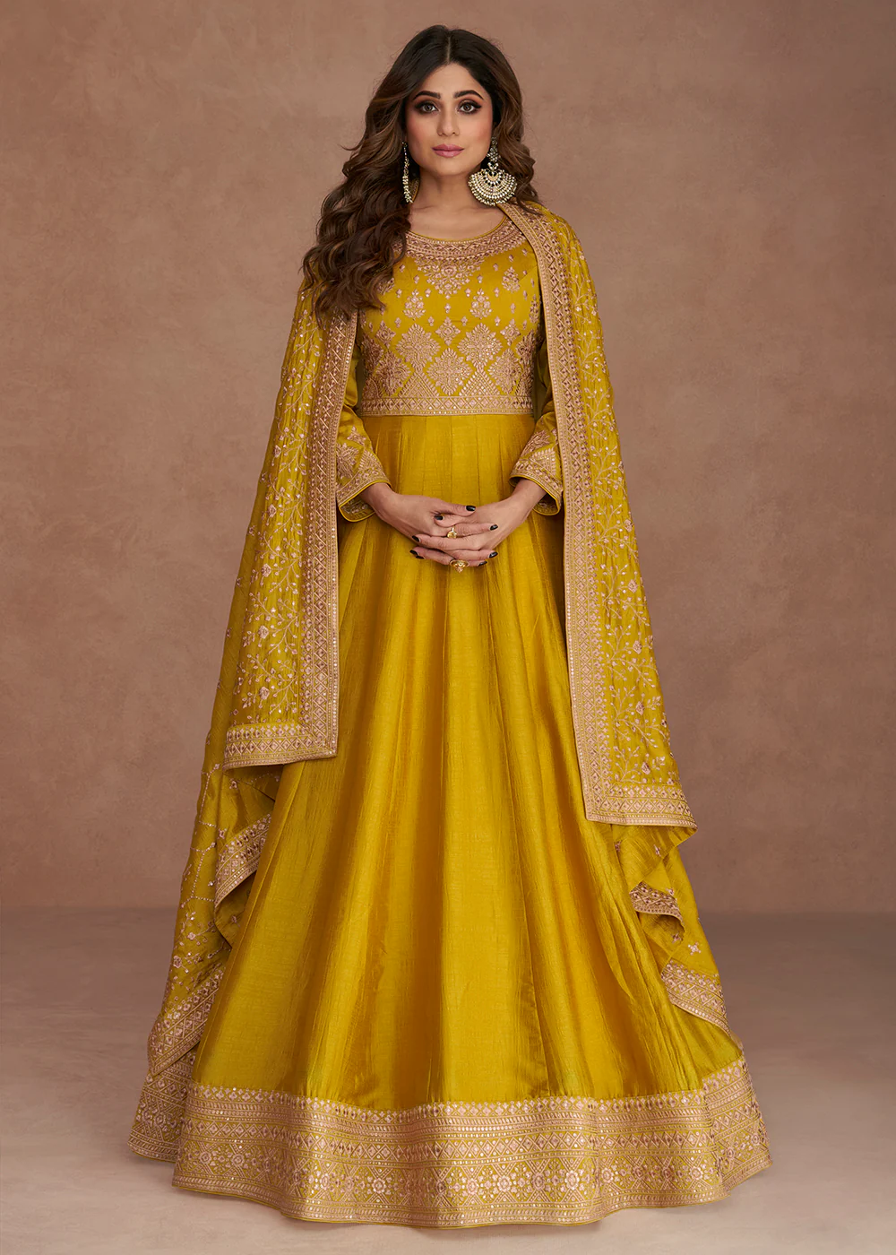 Shamita Shetty Festive Enticing Yellow Silk Anarkali Suit