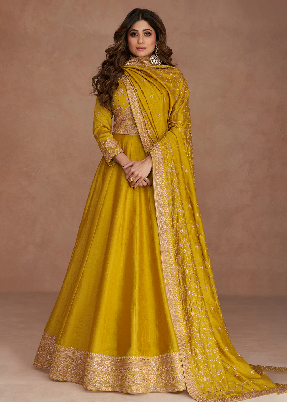 Shamita Shetty Festive Enticing Yellow Silk Anarkali Suit - Image 3