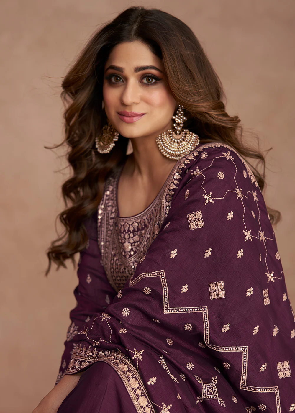 Shamita Shetty Festive Luminous Purple Silk Anarkali Suit - Image 2