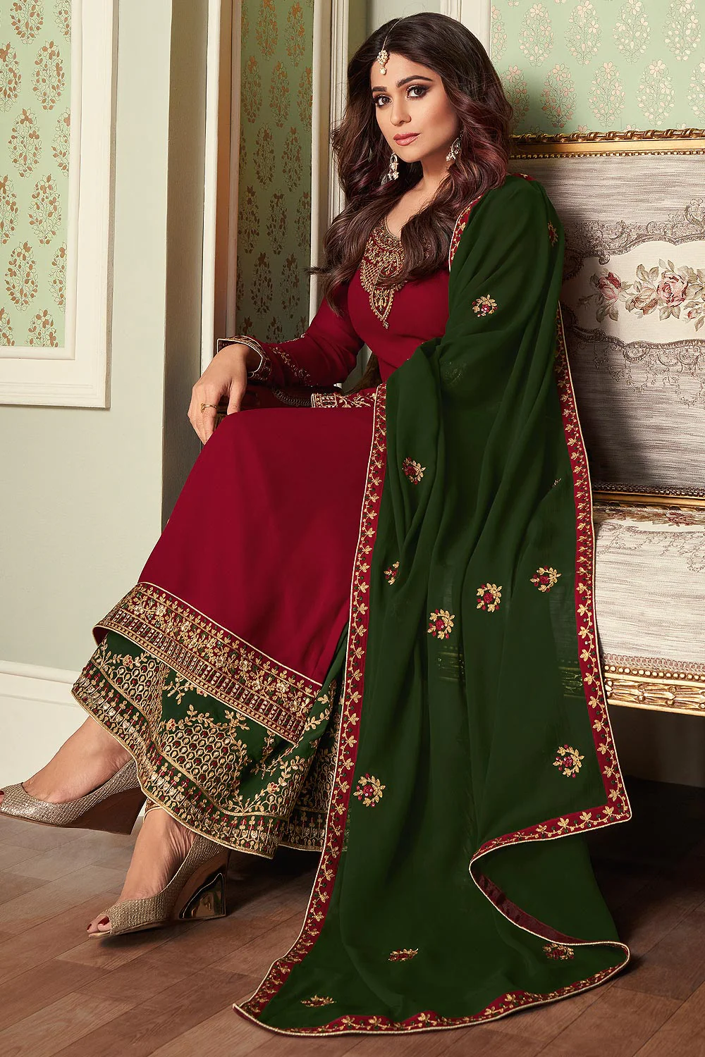 Shamita Shetty Maroon & Green Georgette Palazzo Suit - Image 3