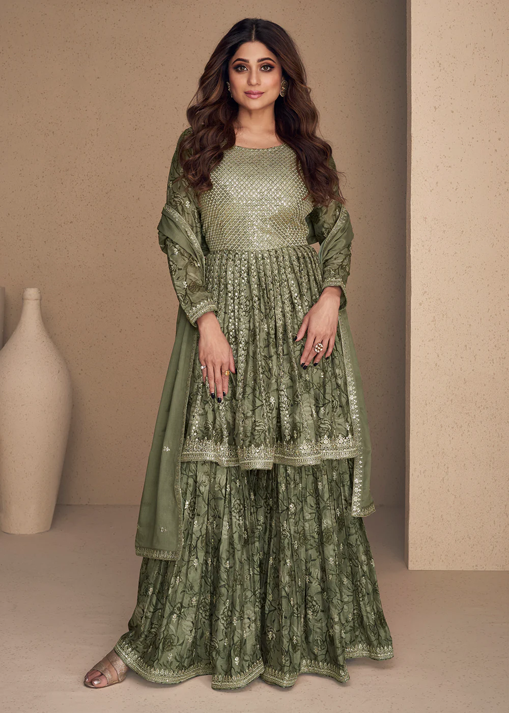 Shamita Shetty Moss Green Chinon Silk Digital Printed Sharara Suit - Image 3