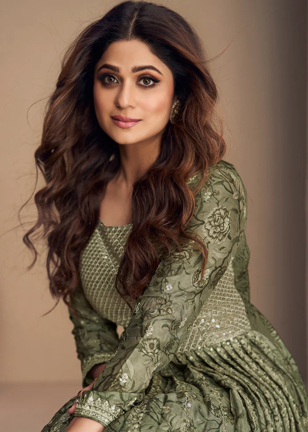 Shamita Shetty Moss Green Chinon Silk Digital Printed Sharara Suit - Image 4