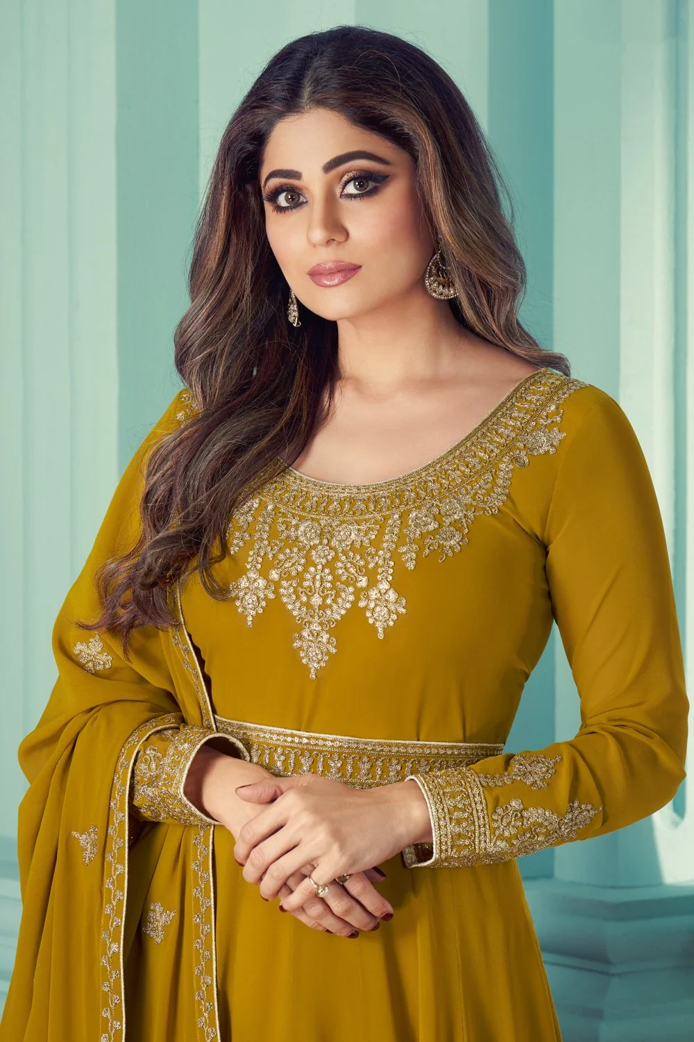 Shamita Shetty Mustard Embroidered Anarkali Suit - Image 2