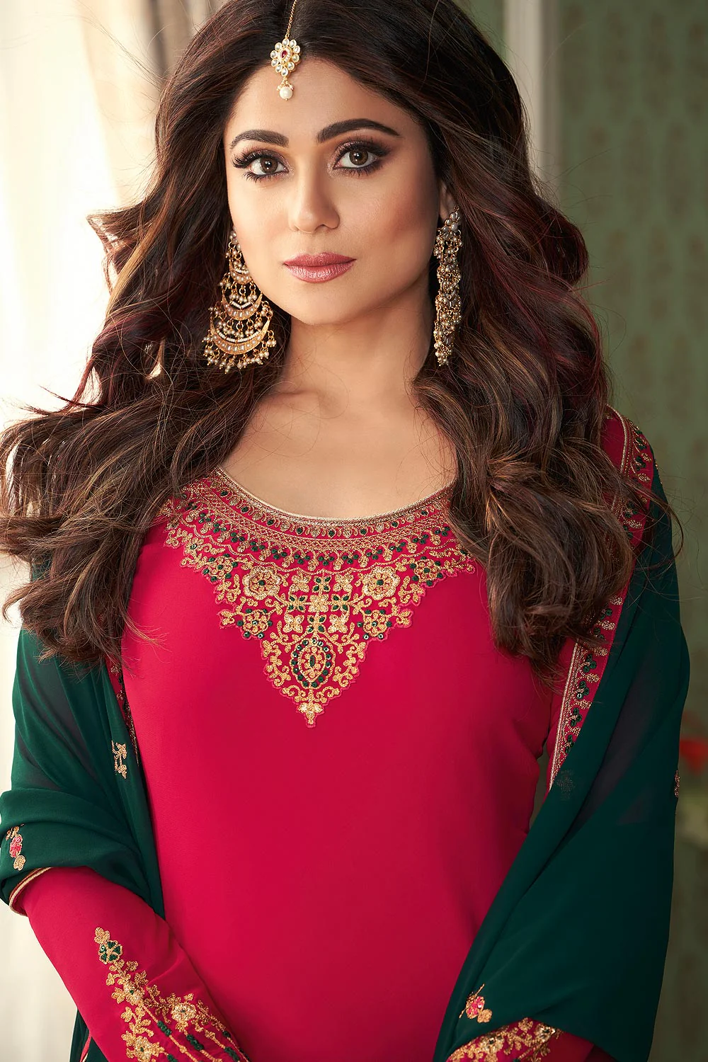 Shamita Shetty Pink & Green Georgette Palazzo Suit - Image 2