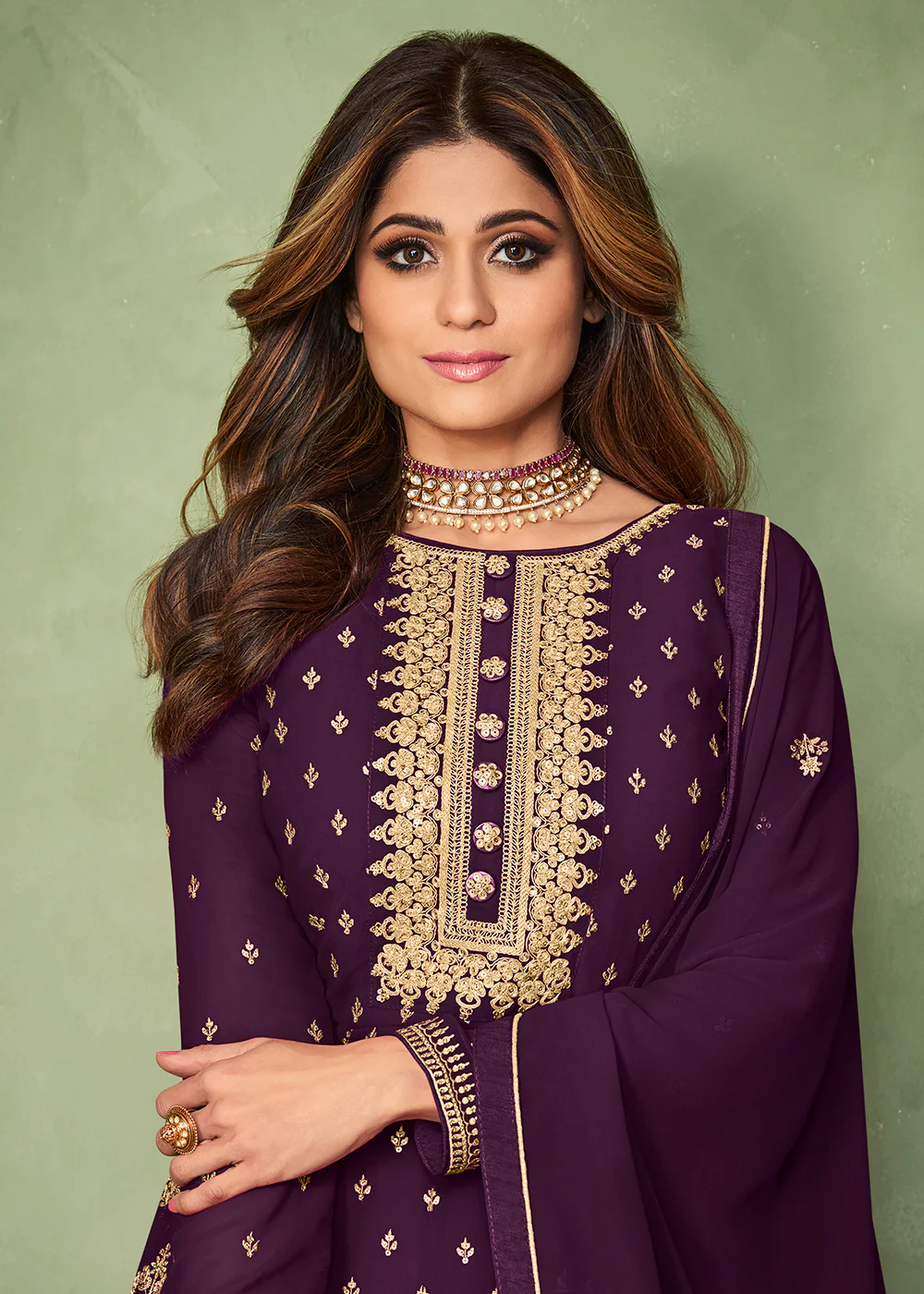 Shamita Shetty Purple Long Floor Length Anarkali Suit - Image 2
