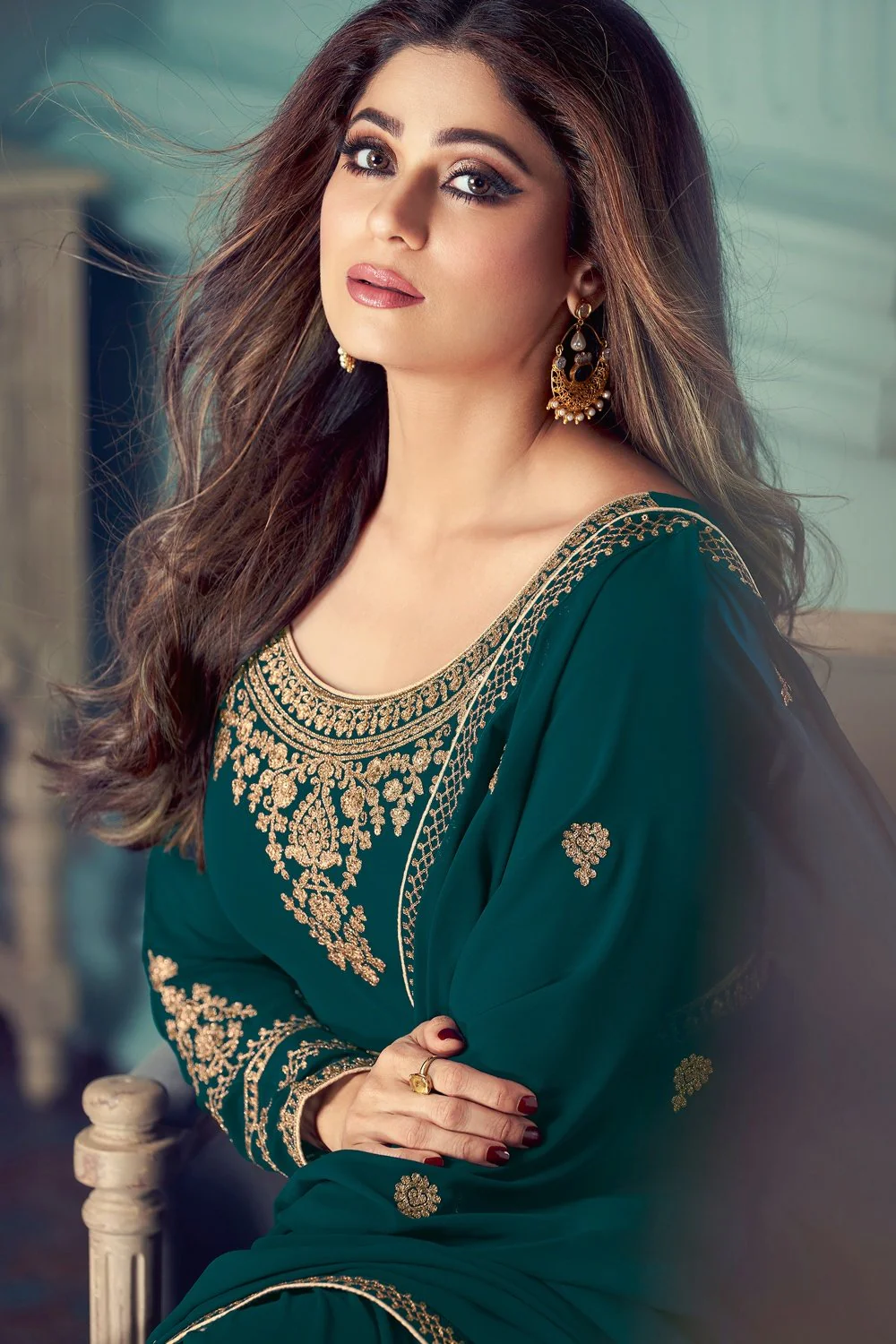 Shamita Shetty Teal Embroidered Anarkali Suit - Image 2