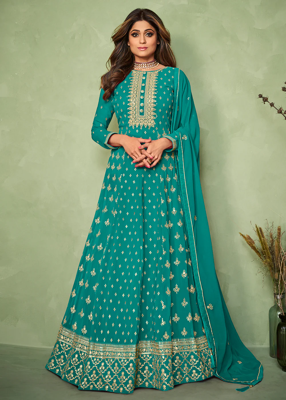 Shamita Shetty Turquoise Long Floor Length Anarkali Suit