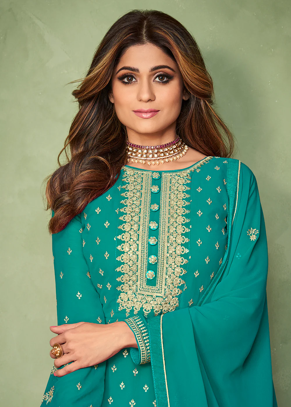 Shamita Shetty Turquoise Long Floor Length Anarkali Suit - Image 2