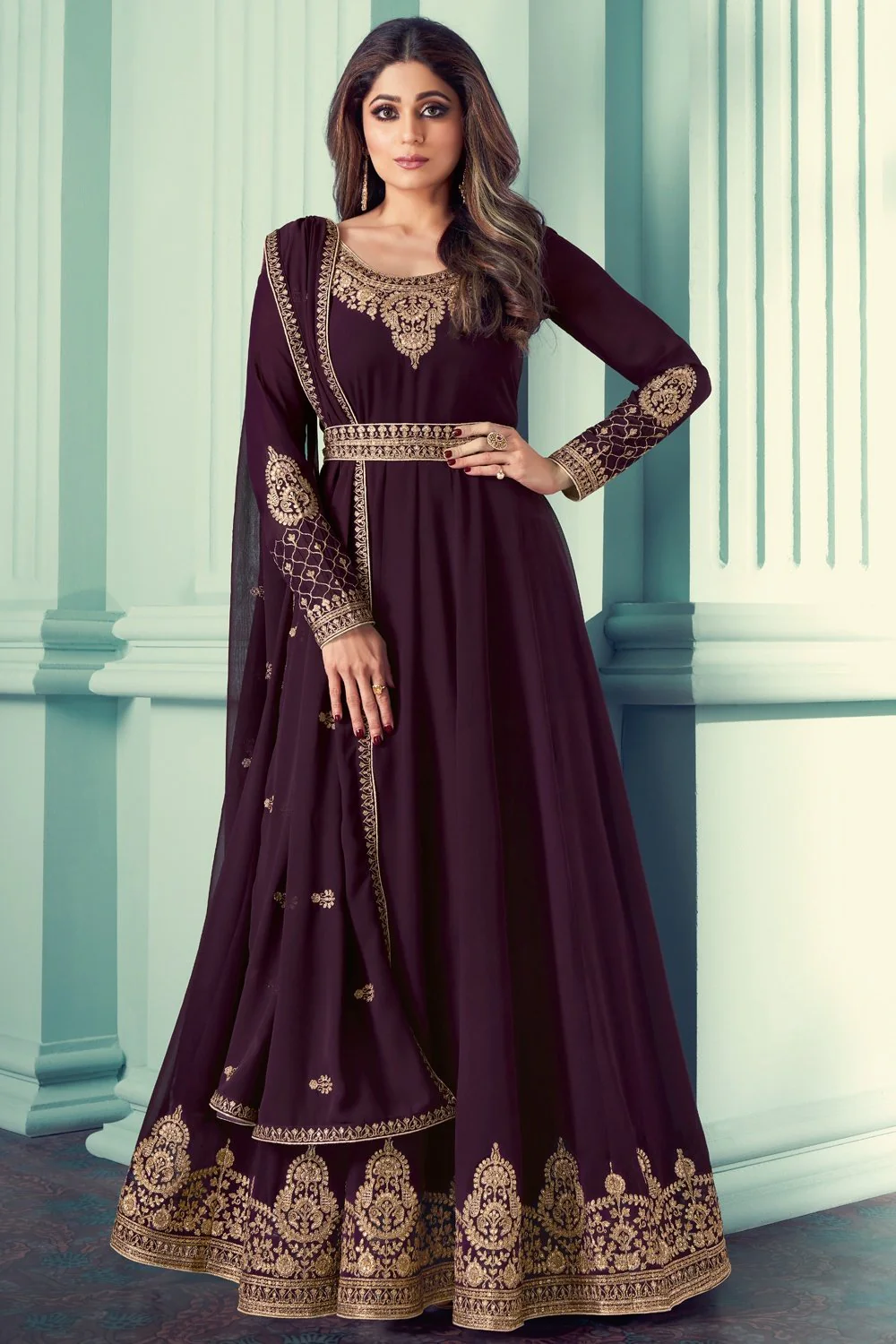 Shamita Shetty Wine Embroidered Anarkali Suit - Image 3