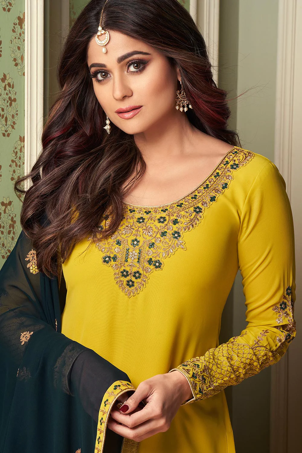 Shamita Shetty Yellow & Green Georgette Palazzo Suit - Image 2
