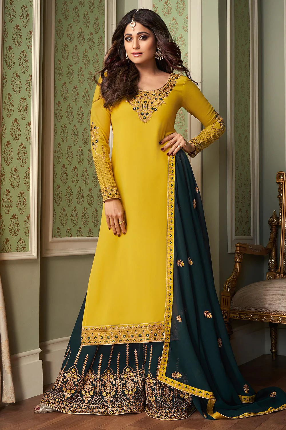 Shamita Shetty Yellow & Green Georgette Palazzo Suit - Image 3