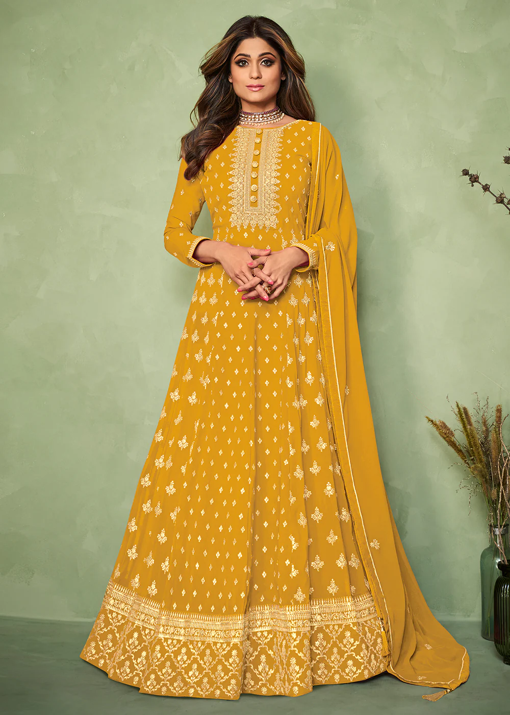 Shamita Shetty Yellow Long Floor Length Anarkali Suit