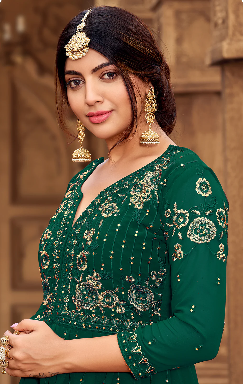 Sharara Set in Bottle Green Beautifully Embroidered Suit - Image 2