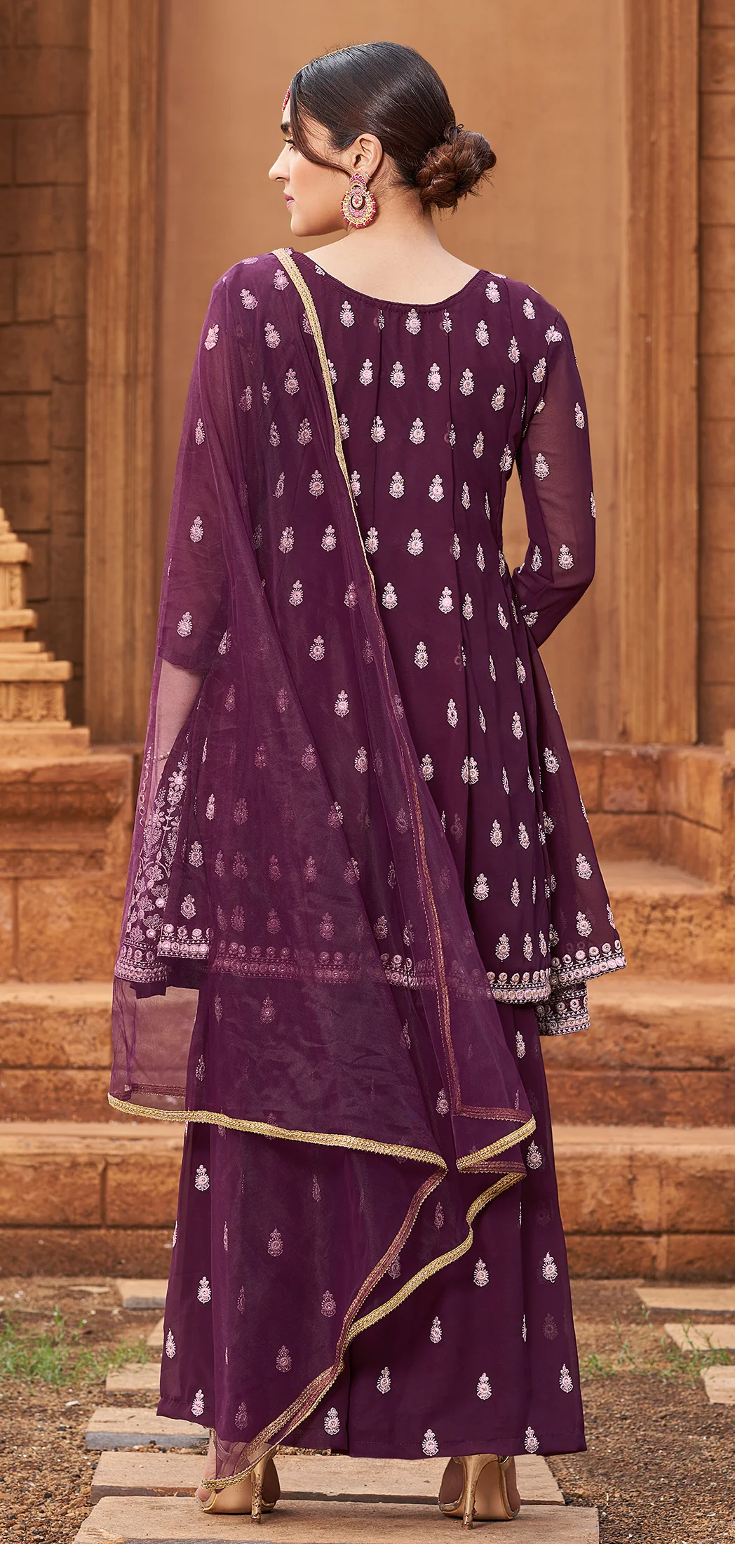 Sharara Set in Plum Wine Beautifully Embroidered Suit - Image 3