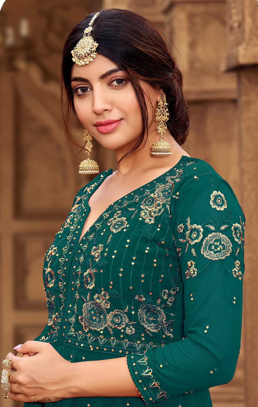 Sharara Set in Teal Green Beautifully Embroidered Suit - Image 2