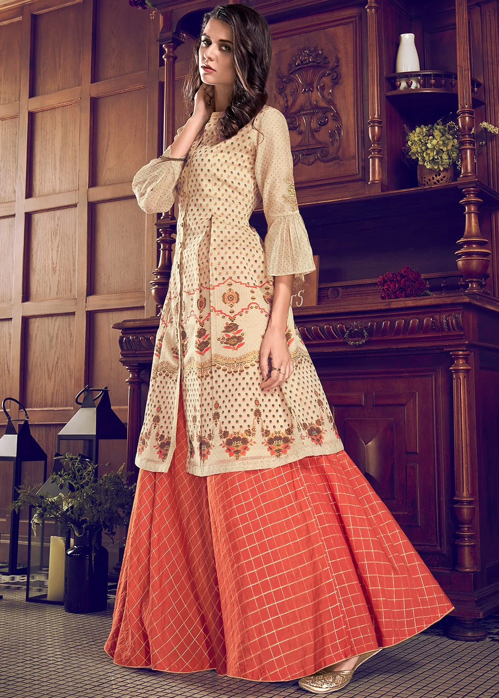 Sharara Style Cream & Orange Embroidered Designer Suit