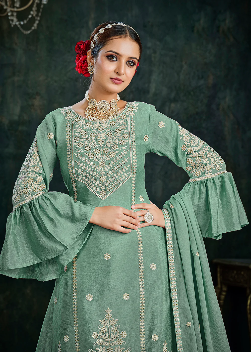 Sharara Top Style Gorgeous Green Chinon Festive Lehenga Suit - Image 2
