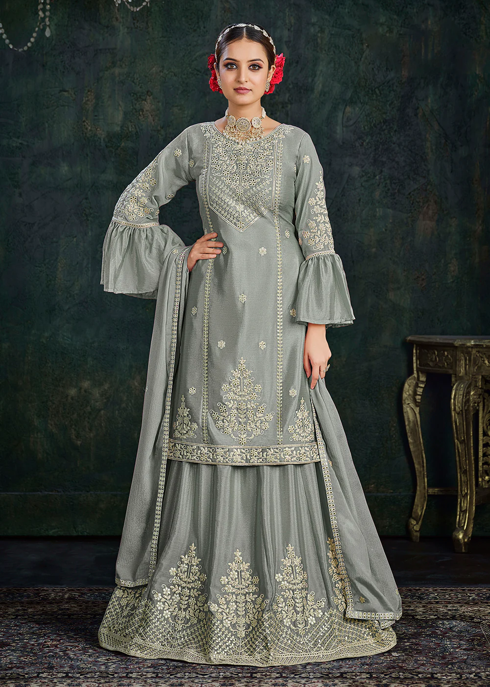 Sharara Top Style Gorgeous Grey Chinon Festive Lehenga Suit - Image 3