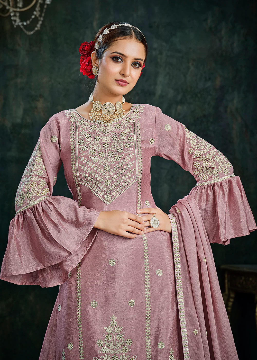 Sharara Top Style Gorgeous Pink Chinon Festive Lehenga Suit - Image 2