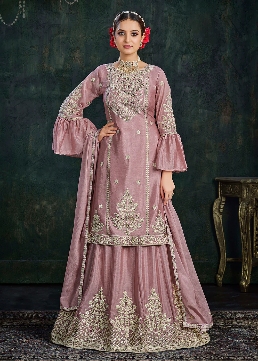 Sharara Top Style Gorgeous Pink Chinon Festive Lehenga Suit - Image 3
