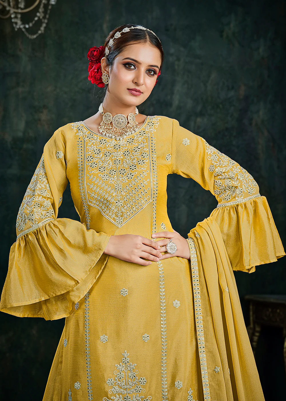 Sharara Top Style Gorgeous Yellow Chinon Festive Lehenga Suit - Image 2