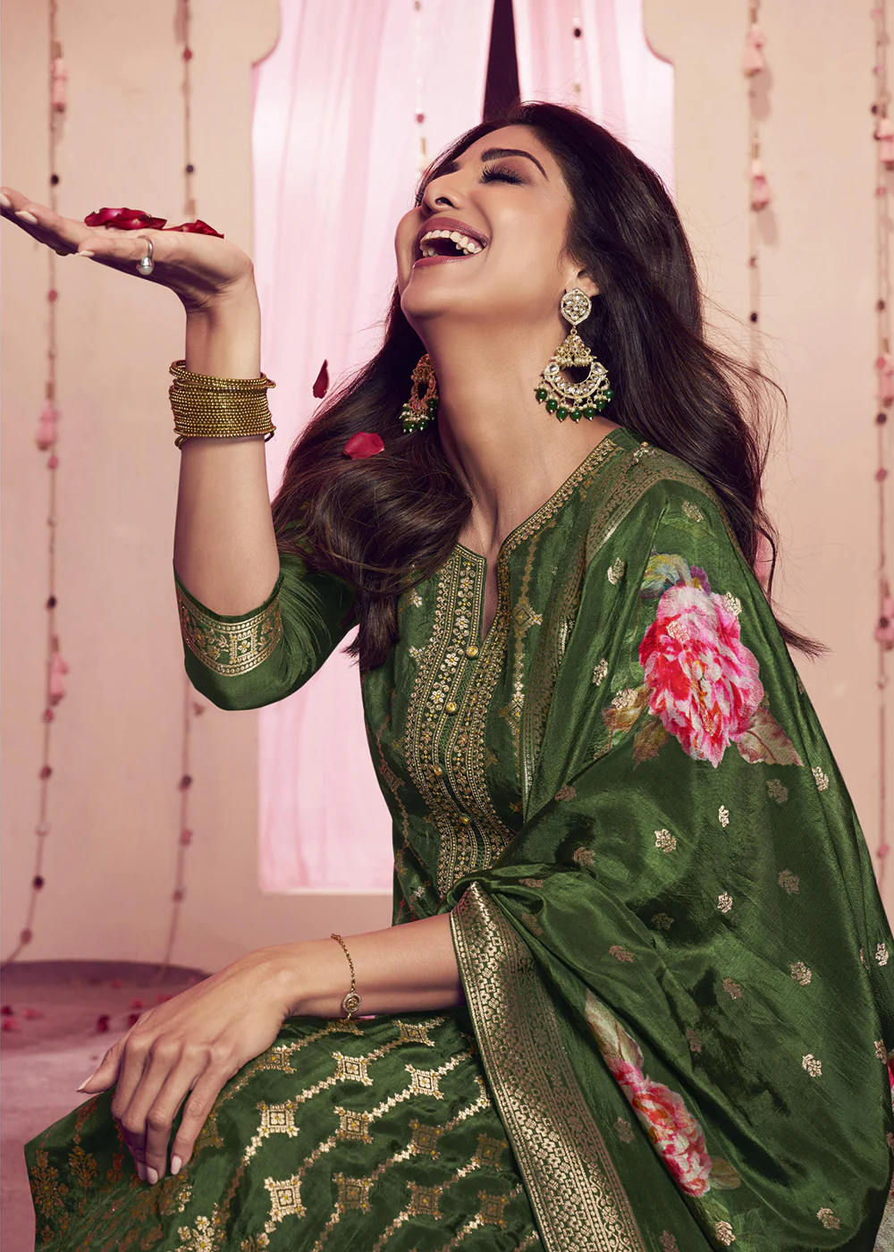 Shilpa Shetty Light Green Mehndi Wear Salwar Suit - Image 3
