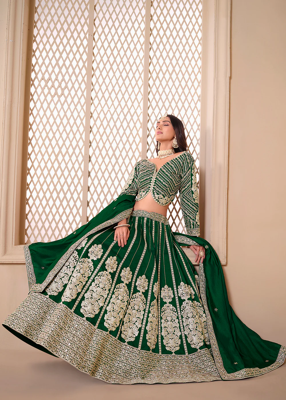 Shimmer Art Silk Green Party Wear Lehenga Choli - Image 4