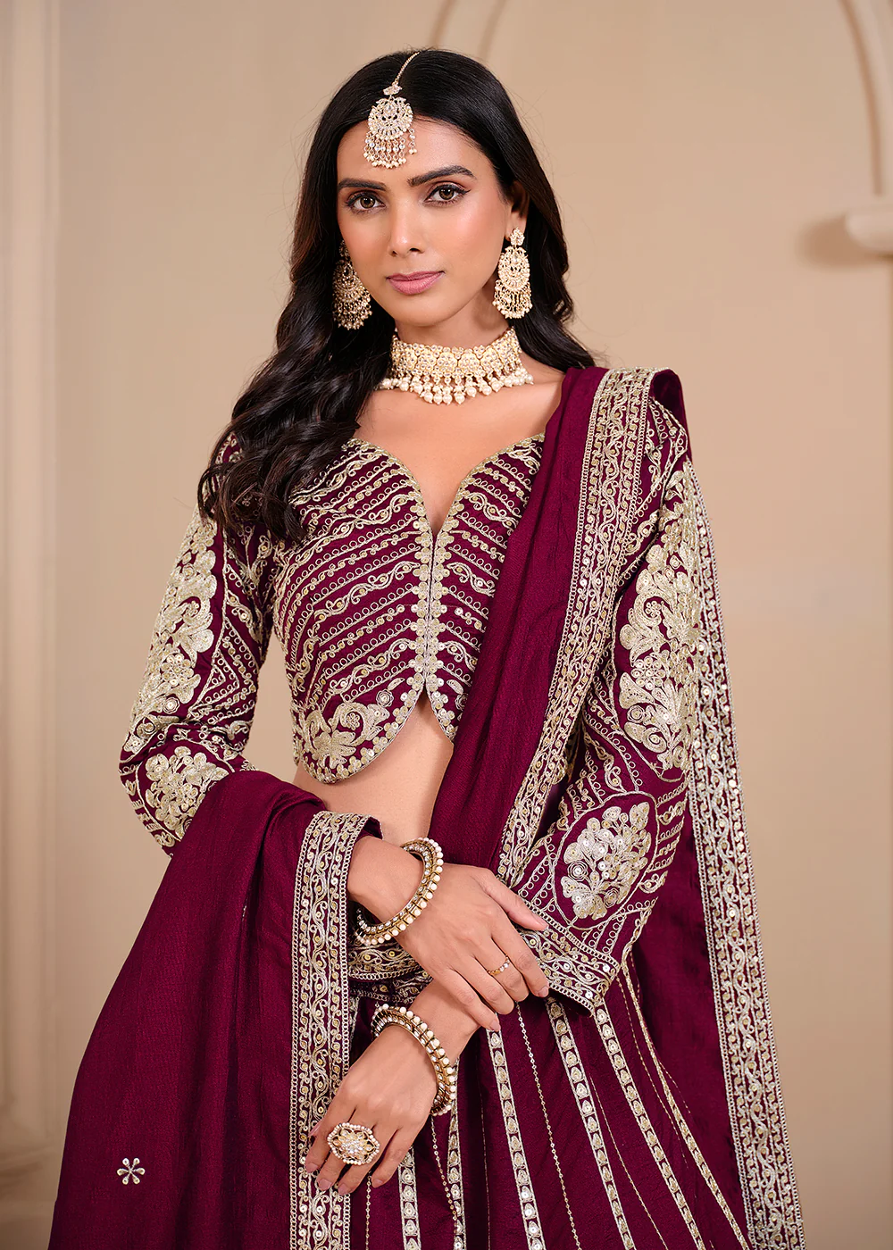 Shimmer Art Silk Wine Party Wear Lehenga Choli - Image 2