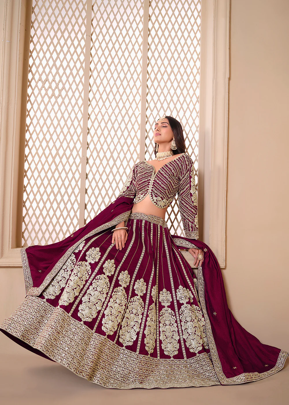 Shimmer Art Silk Wine Party Wear Lehenga Choli - Image 4