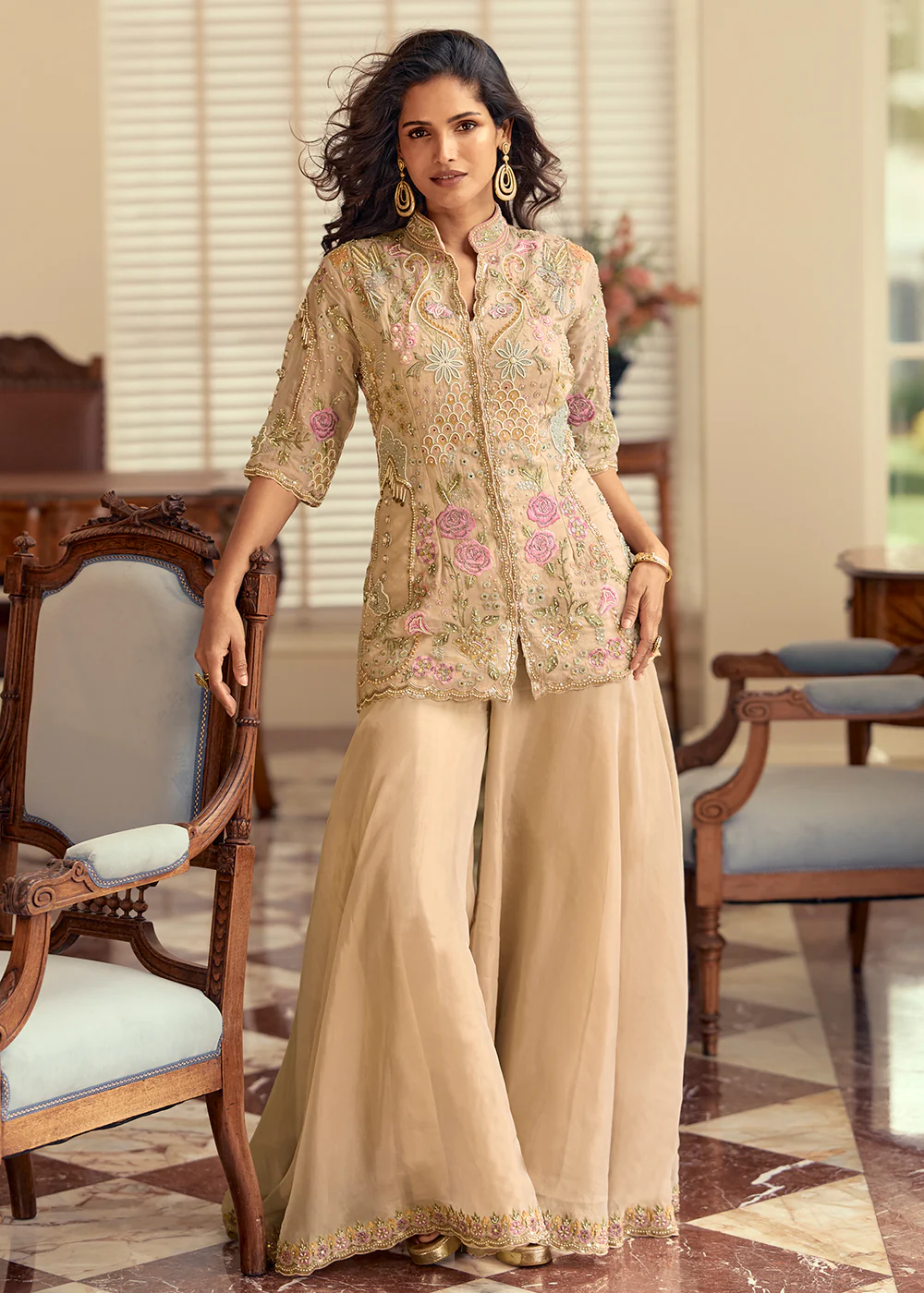 Shimmer Silk Beige Pakistani Style Embroidered Palazzo Suit