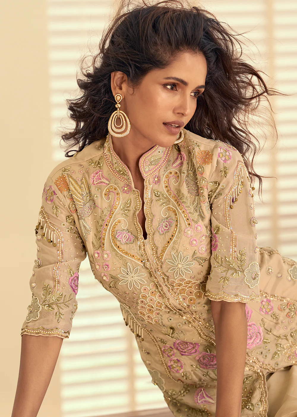 Shimmer Silk Beige Pakistani Style Embroidered Palazzo Suit - Image 2