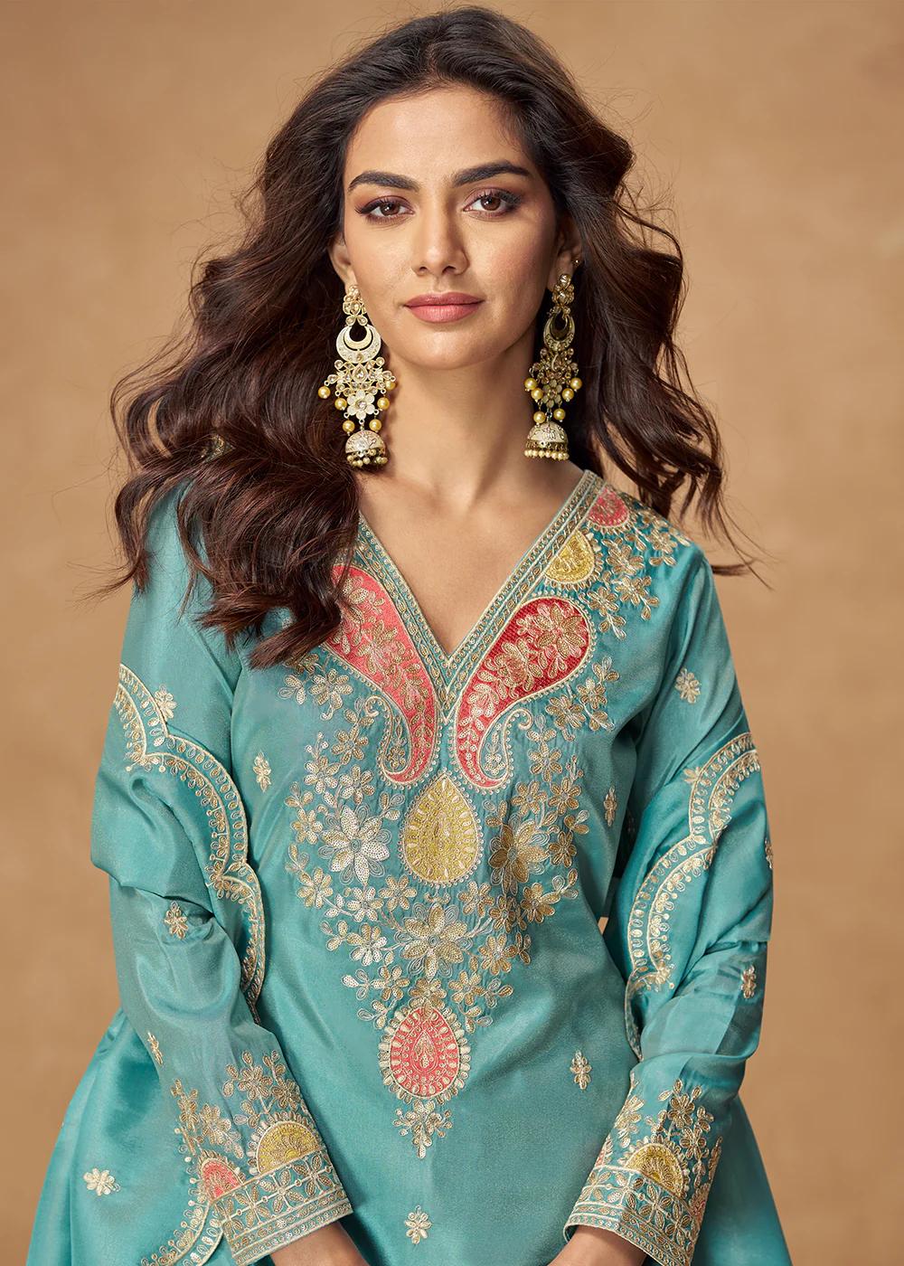 Shimmer Silk Blue Festive Palazzo Style Suit - Image 2