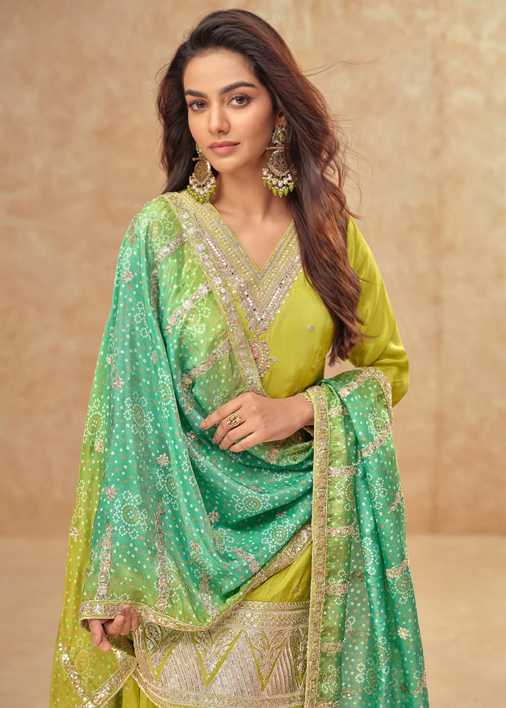 Shimmer Silk Green Embroidered Festive Palazzo Style Suit - Image 3