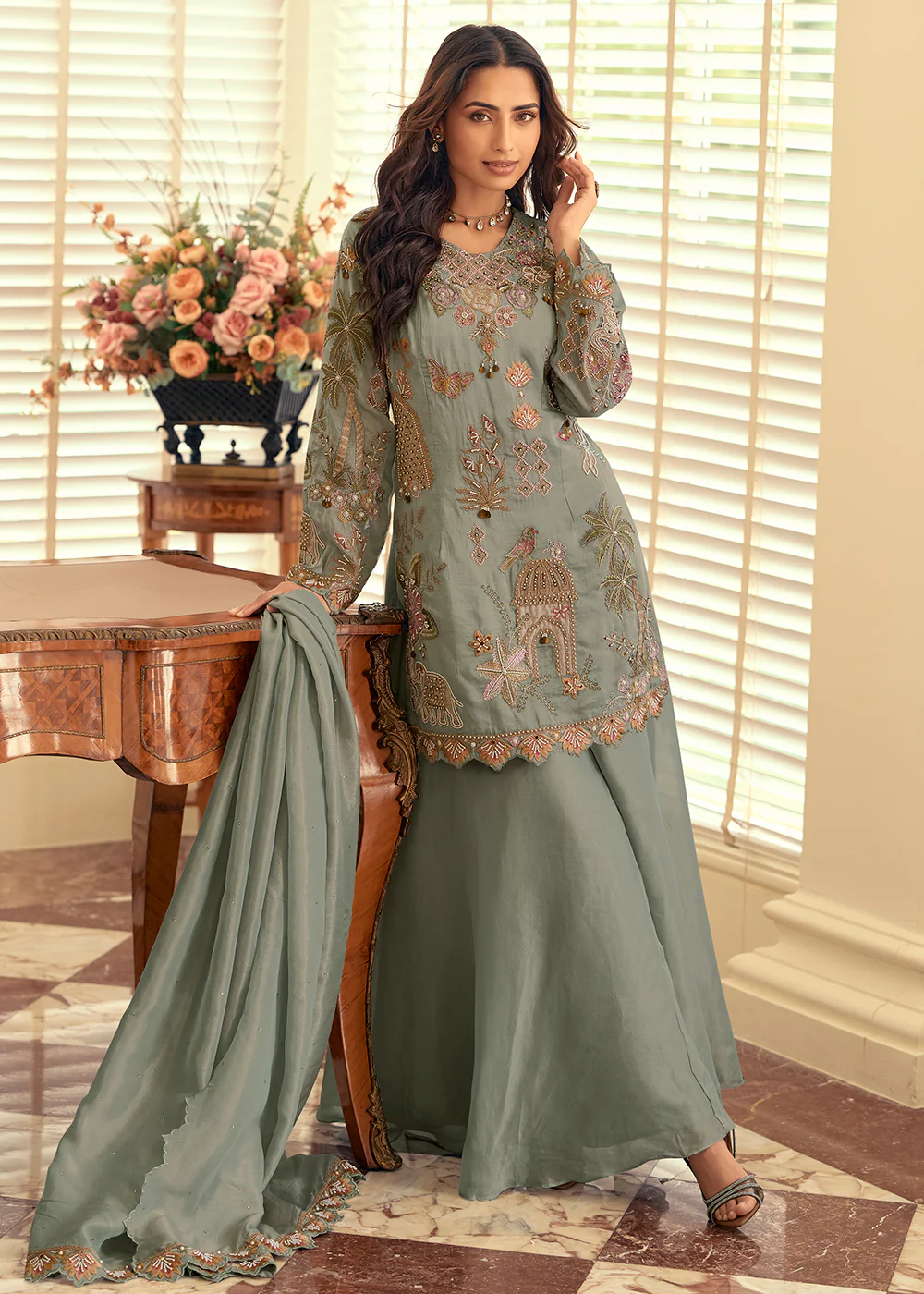 Shimmer Silk Grey Pakistani Style Embroidered Palazzo Suit
