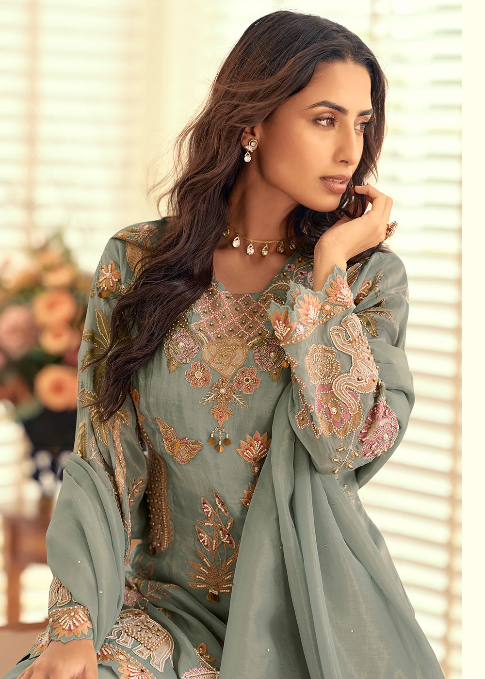 Shimmer Silk Grey Pakistani Style Embroidered Palazzo Suit - Image 2