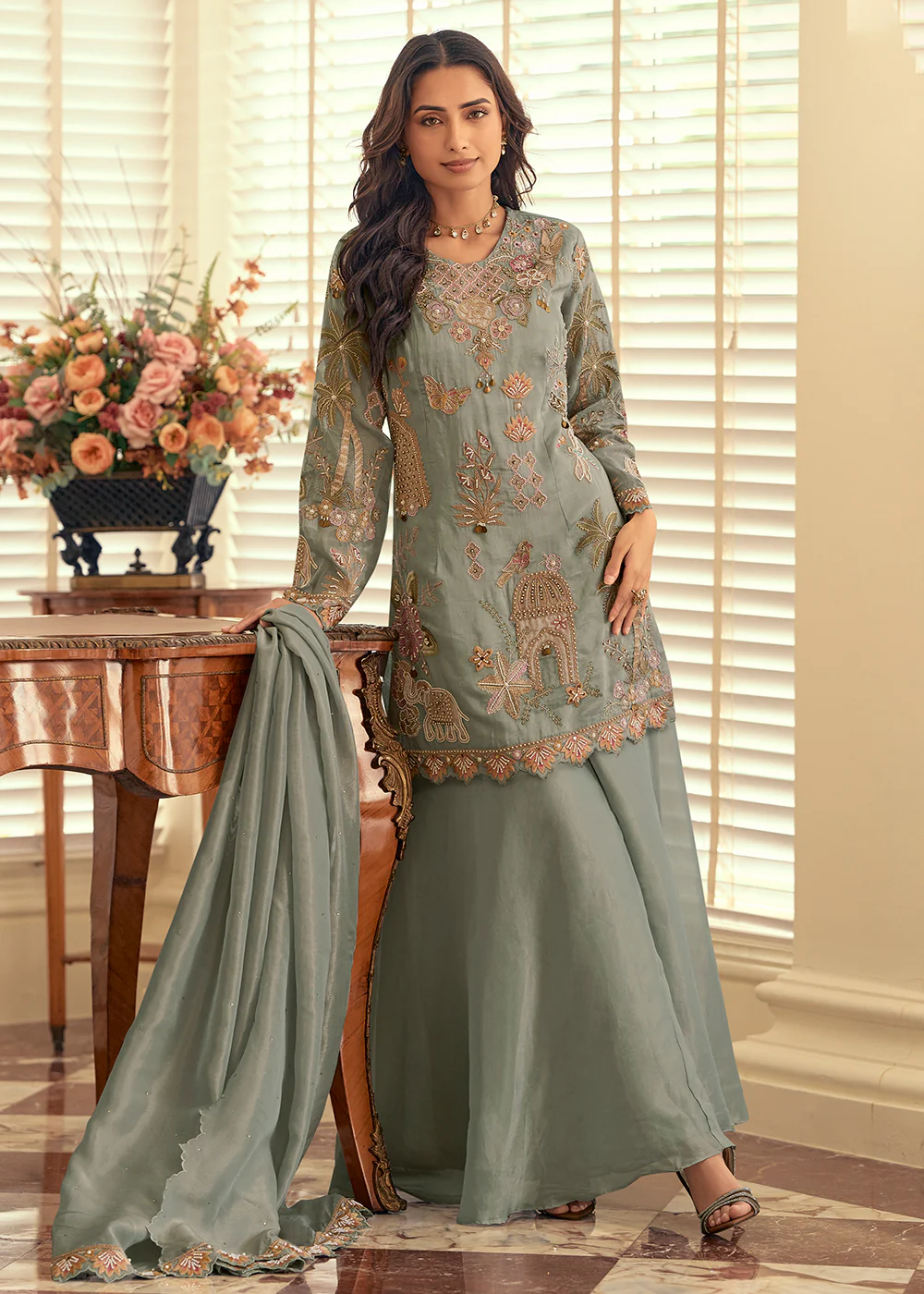 Shimmer Silk Grey Pakistani Style Embroidered Palazzo Suit - Image 3