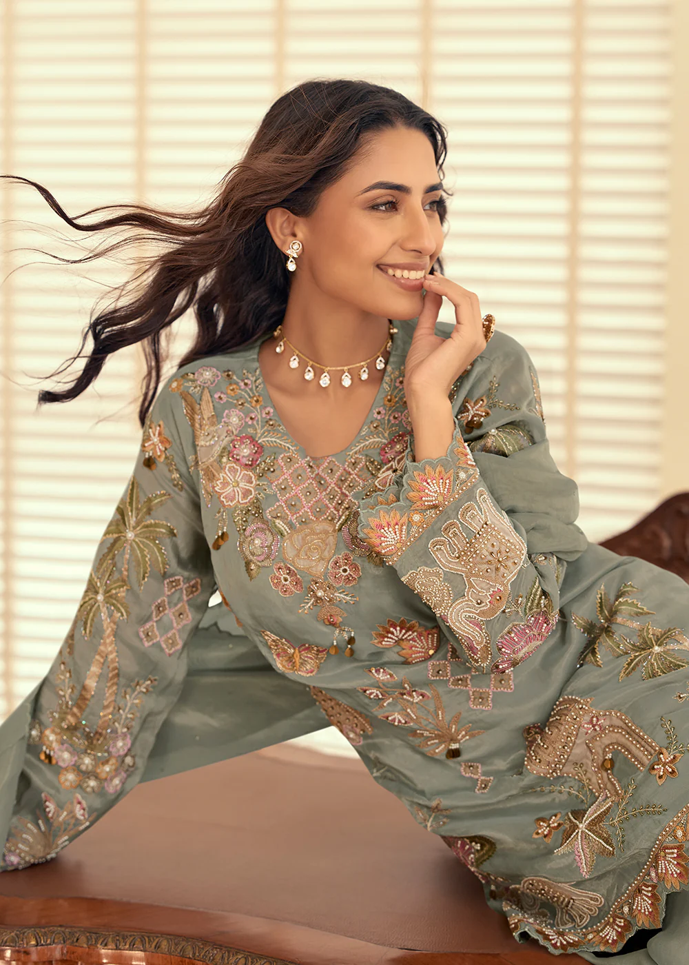 Shimmer Silk Grey Pakistani Style Embroidered Palazzo Suit - Image 4