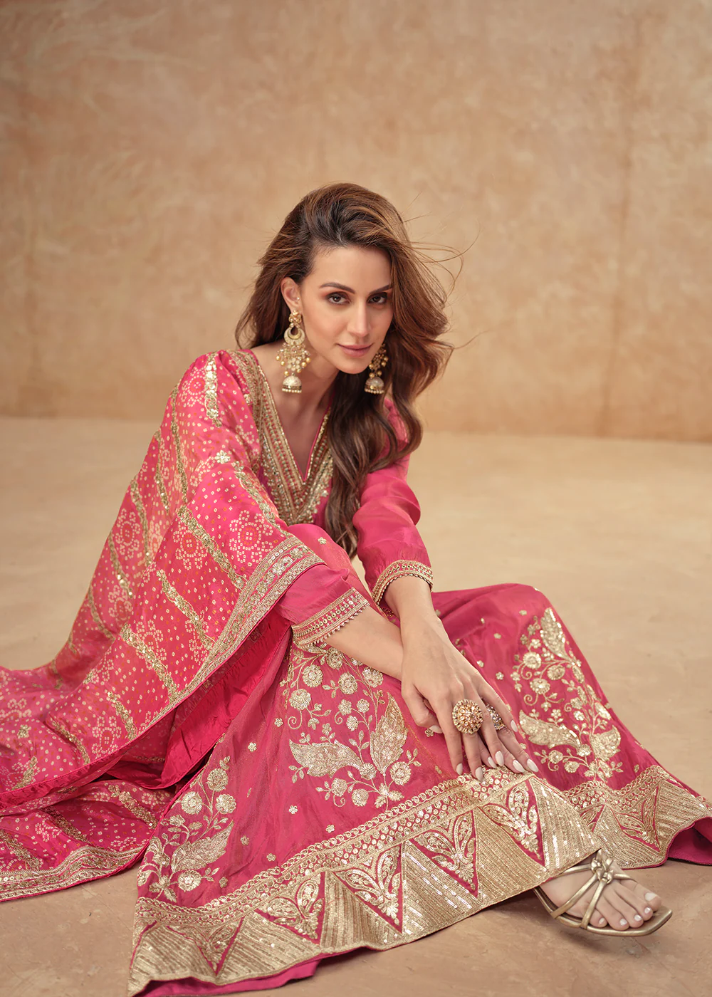 Shimmer Silk Pink Embroidered Festive Palazzo Style Suit - Image 4