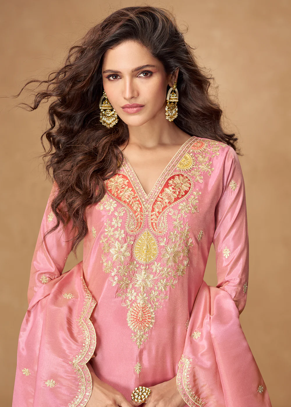 Shimmer Silk Pink Festive Palazzo Style Suit - Image 2