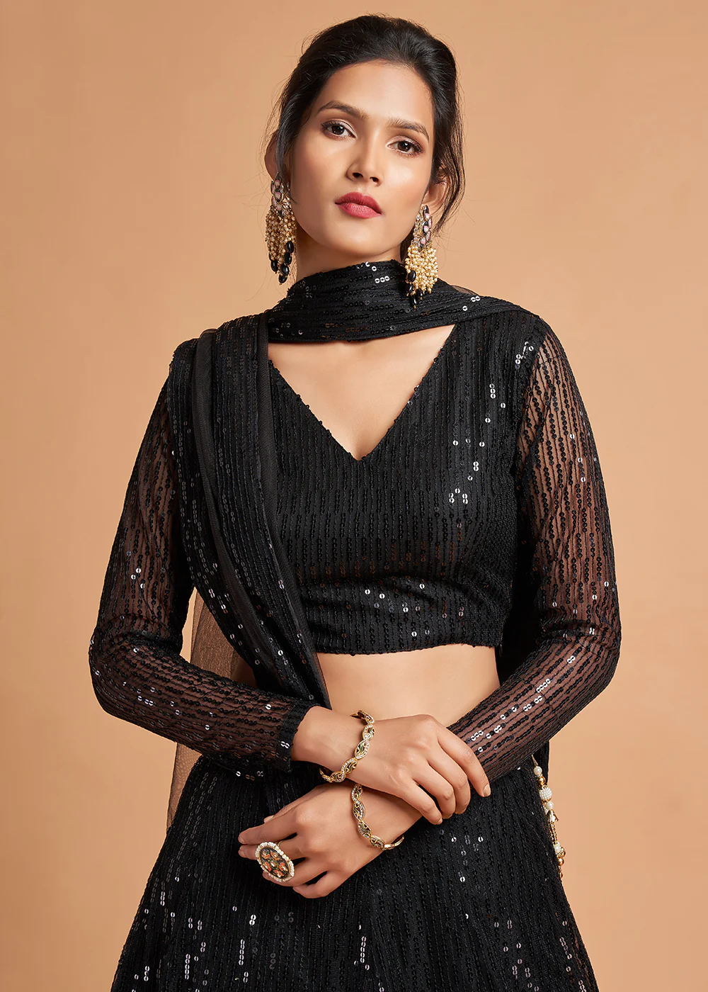 Shiny Black Stylish Embroidered A Line Lehenga Choli - Image 4
